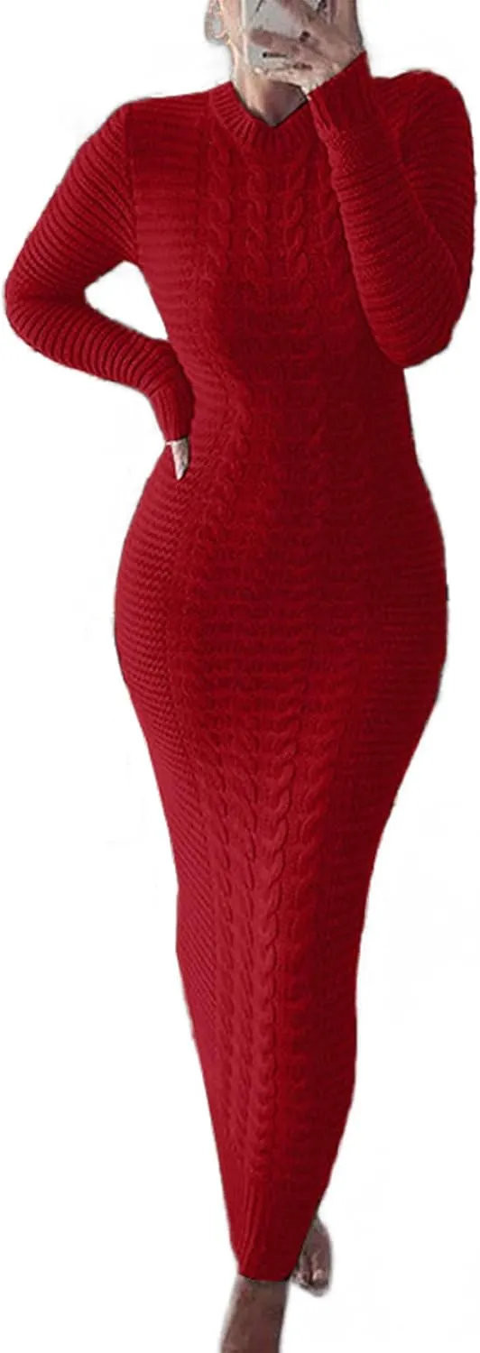 LETSVDO Sweater Dress for Women Maxi Bodycon Cable Knit Long Sleeve Crewneck Ribbed Pencil Pullover Dresses Winter
