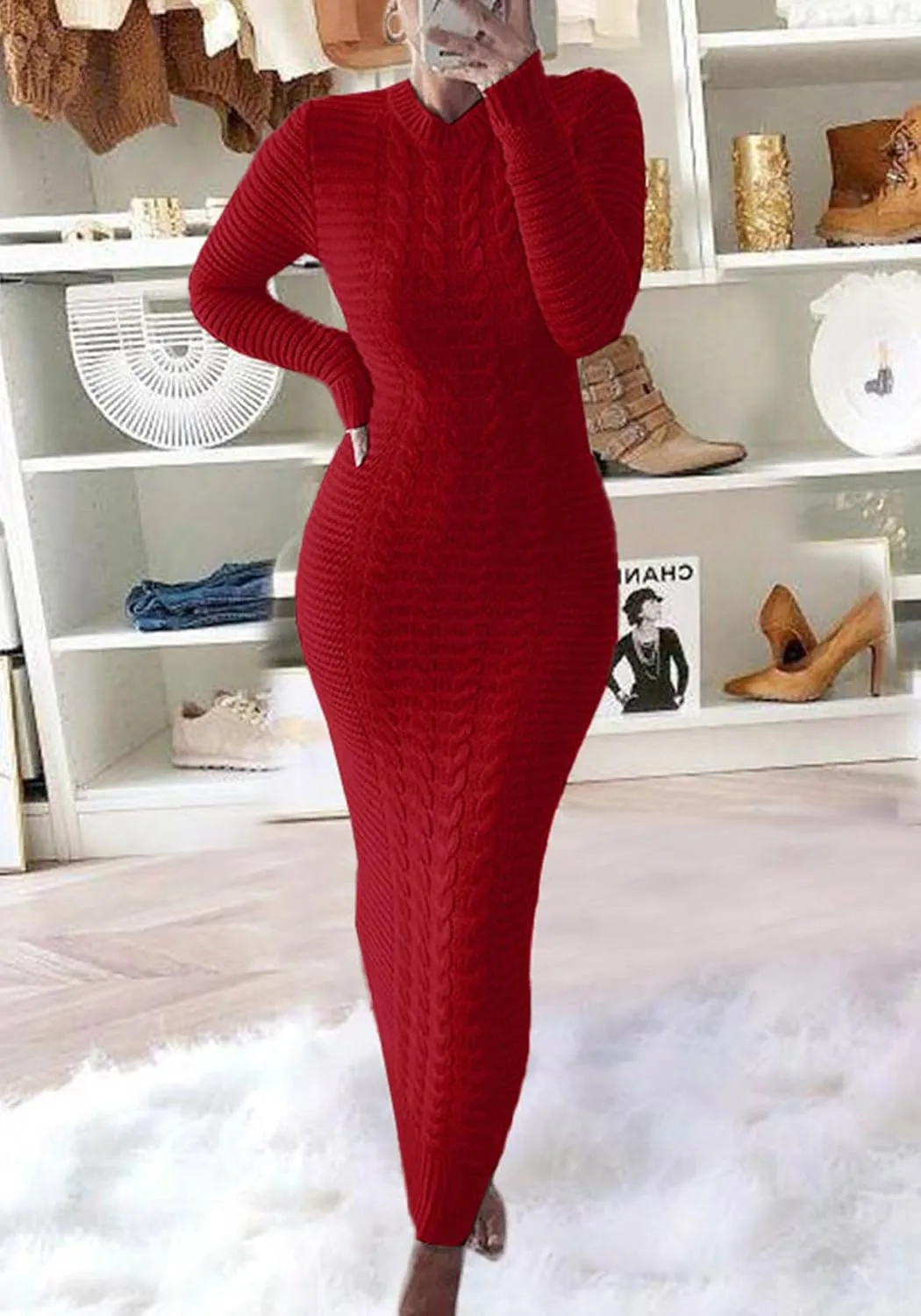 LETSVDO Sweater Dress for Women Maxi Bodycon Cable Knit Long Sleeve Crewneck Ribbed Pencil Pullover Dresses Winter