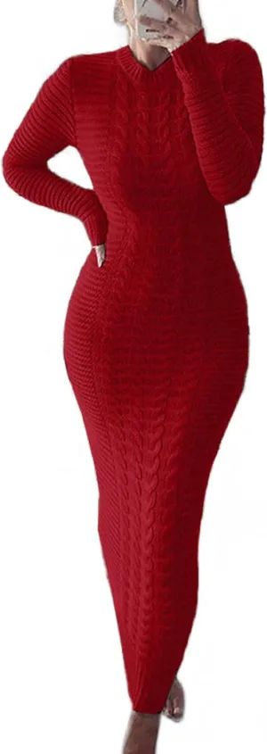 LETSVDO Sweater Dress for Women Maxi Bodycon Cable Knit Long Sleeve Crewneck Ribbed Pencil Pullover Dresses Winter
