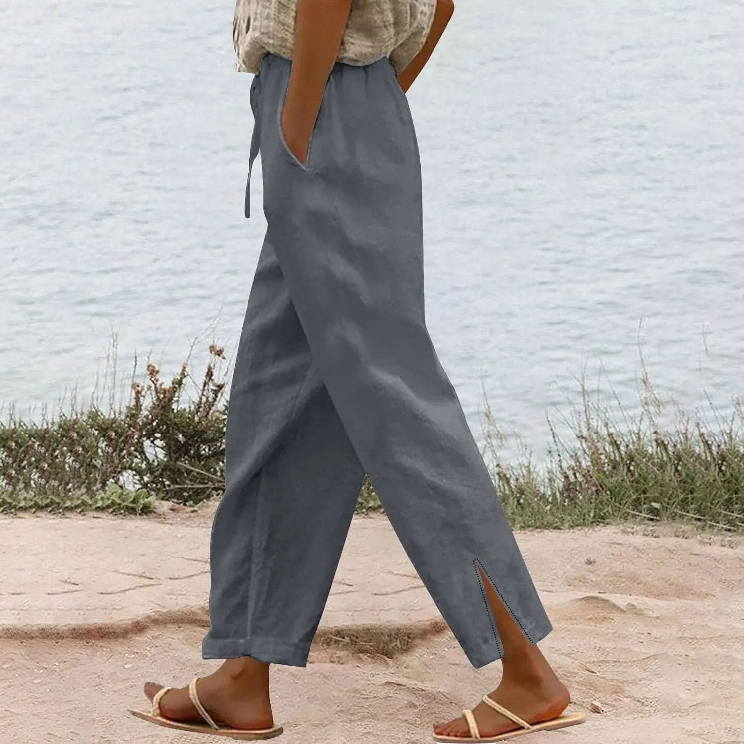 Linen Pants for Women 2025 Summer Drawstring Straight Leg Cropped Lounge Pant Casual Loose Lightweight Beach Trousers