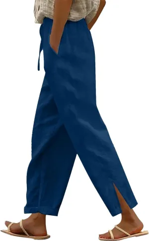 Linen Pants for Women 2025 Summer Drawstring Straight Leg Cropped Lounge Pant Casual Loose Lightweight Beach Trousers