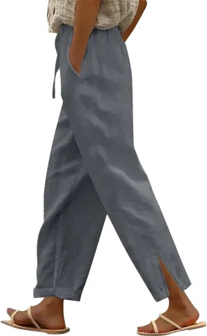 Linen Pants for Women 2025 Summer Drawstring Straight Leg Cropped Lounge Pant Casual Loose Lightweight Beach Trousers