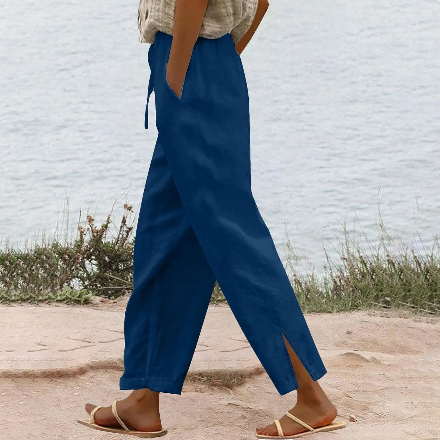 Linen Pants for Women 2025 Summer Drawstring Straight Leg Cropped Lounge Pant Casual Loose Lightweight Beach Trousers
