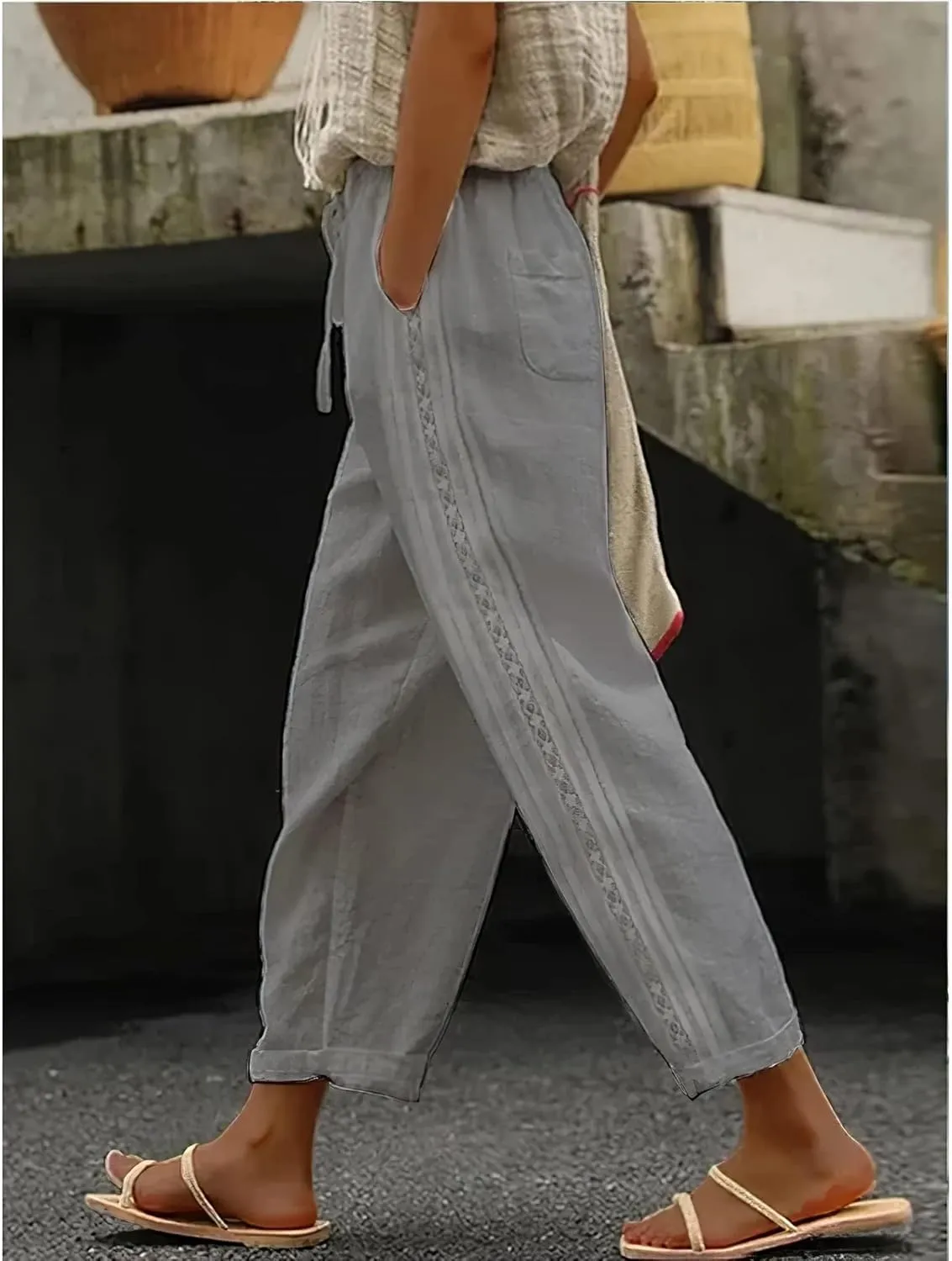 Linen Pants for Women Wide Leg High Waisted Drawstring Trousers Summer Casual Loose Trendy Beach Pants with Pockets