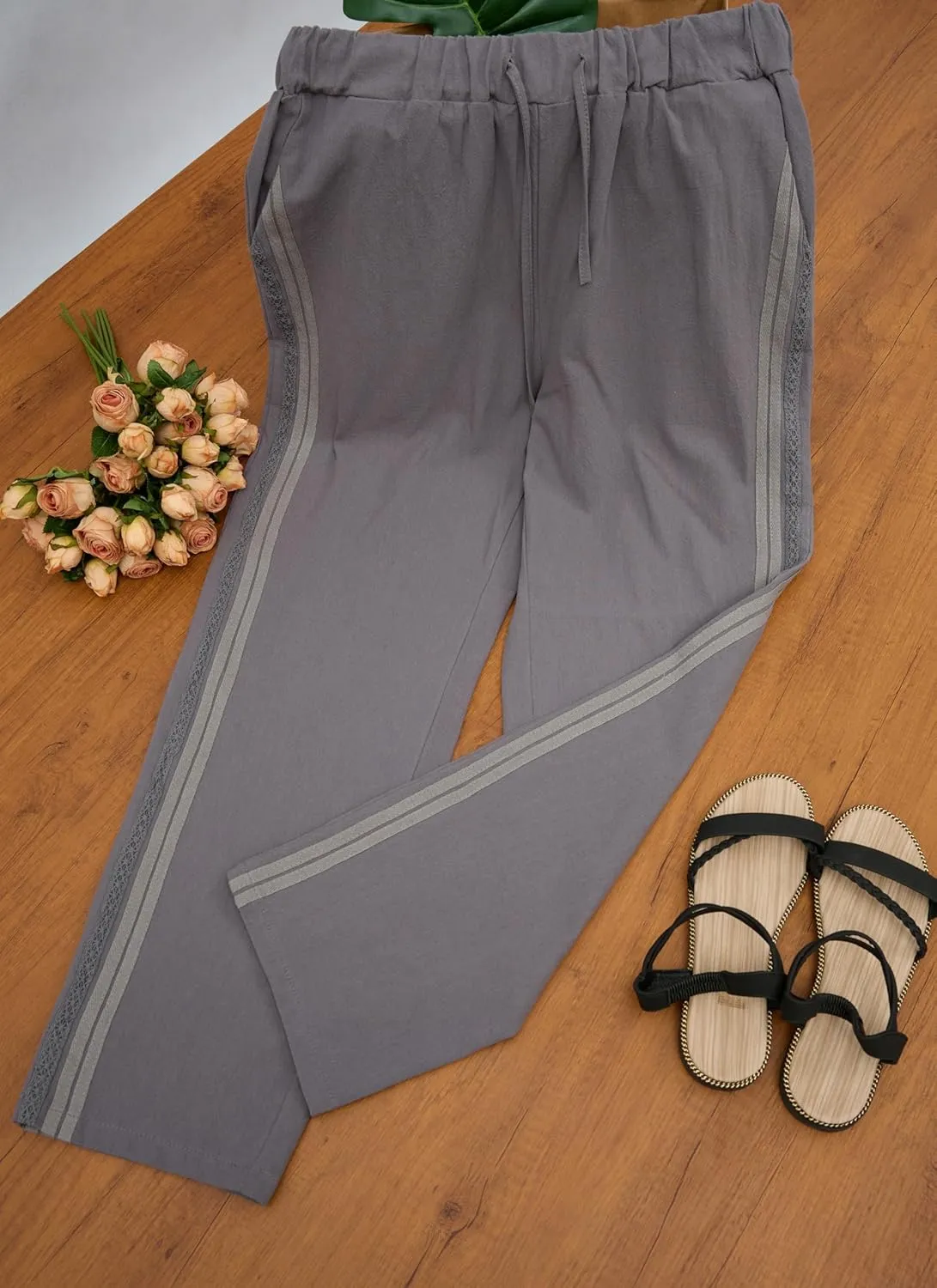 Linen Pants for Women Wide Leg High Waisted Drawstring Trousers Summer Casual Loose Trendy Beach Pants with Pockets