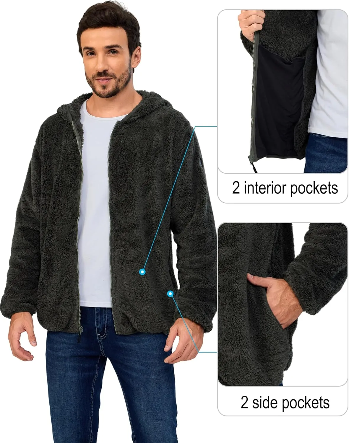 Little Donkey Andy Men's Winter Hoodies Sherpa Fleece Jacket Warm Lightweight Sweatshirt Zip Up Outerwear Fuzzy Coat
