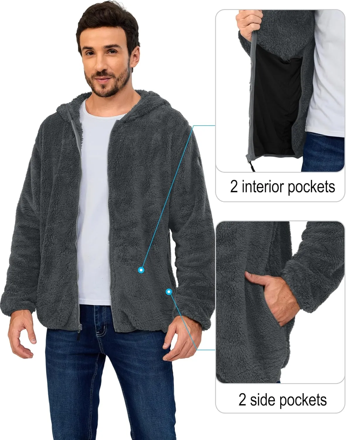 Little Donkey Andy Men's Winter Hoodies Sherpa Fleece Jacket Warm Lightweight Sweatshirt Zip Up Outerwear Fuzzy Coat