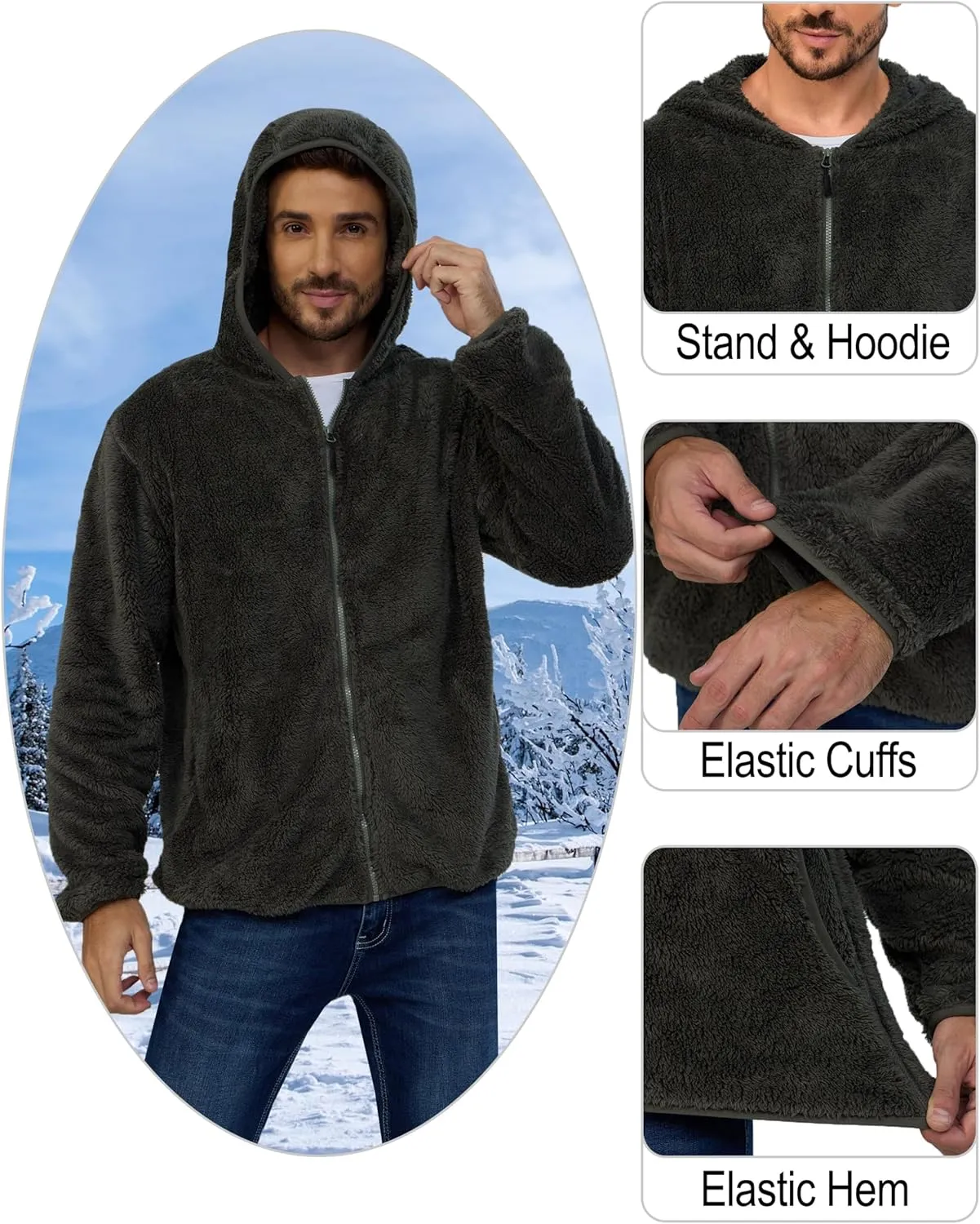 Little Donkey Andy Men's Winter Hoodies Sherpa Fleece Jacket Warm Lightweight Sweatshirt Zip Up Outerwear Fuzzy Coat