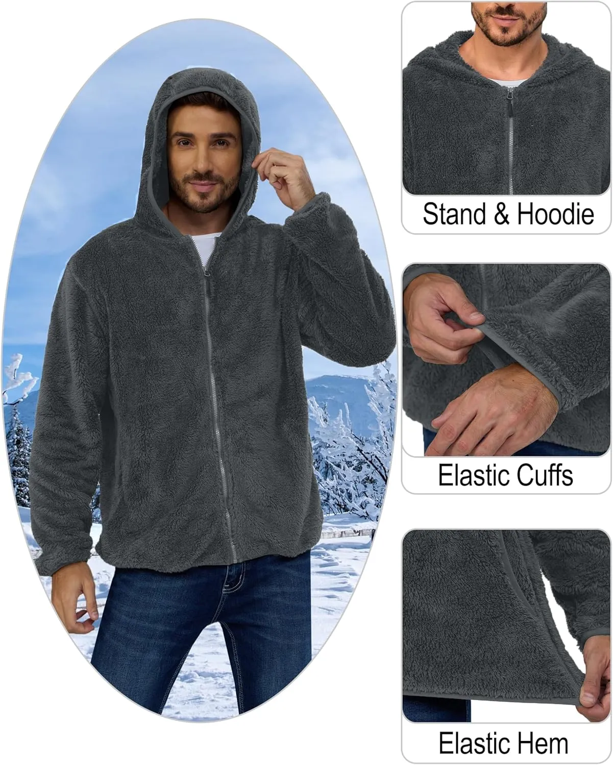 Little Donkey Andy Men's Winter Hoodies Sherpa Fleece Jacket Warm Lightweight Sweatshirt Zip Up Outerwear Fuzzy Coat