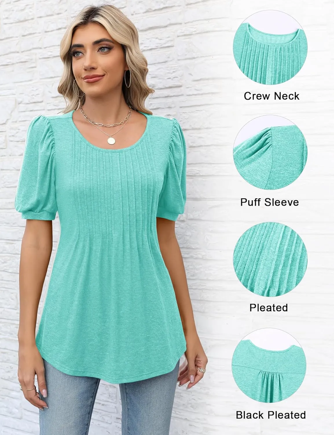 LOMON Women's Fall Puff Long/Short Sleeve Tunic Tops Pleated Crew Neck Shirts Blouses Casual Loose T-Shirts