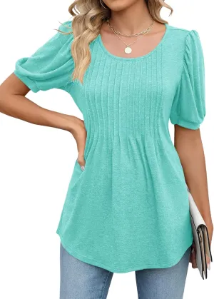 LOMON Women's Fall Puff Long/Short Sleeve Tunic Tops Pleated Crew Neck Shirts Blouses Casual Loose T-Shirts