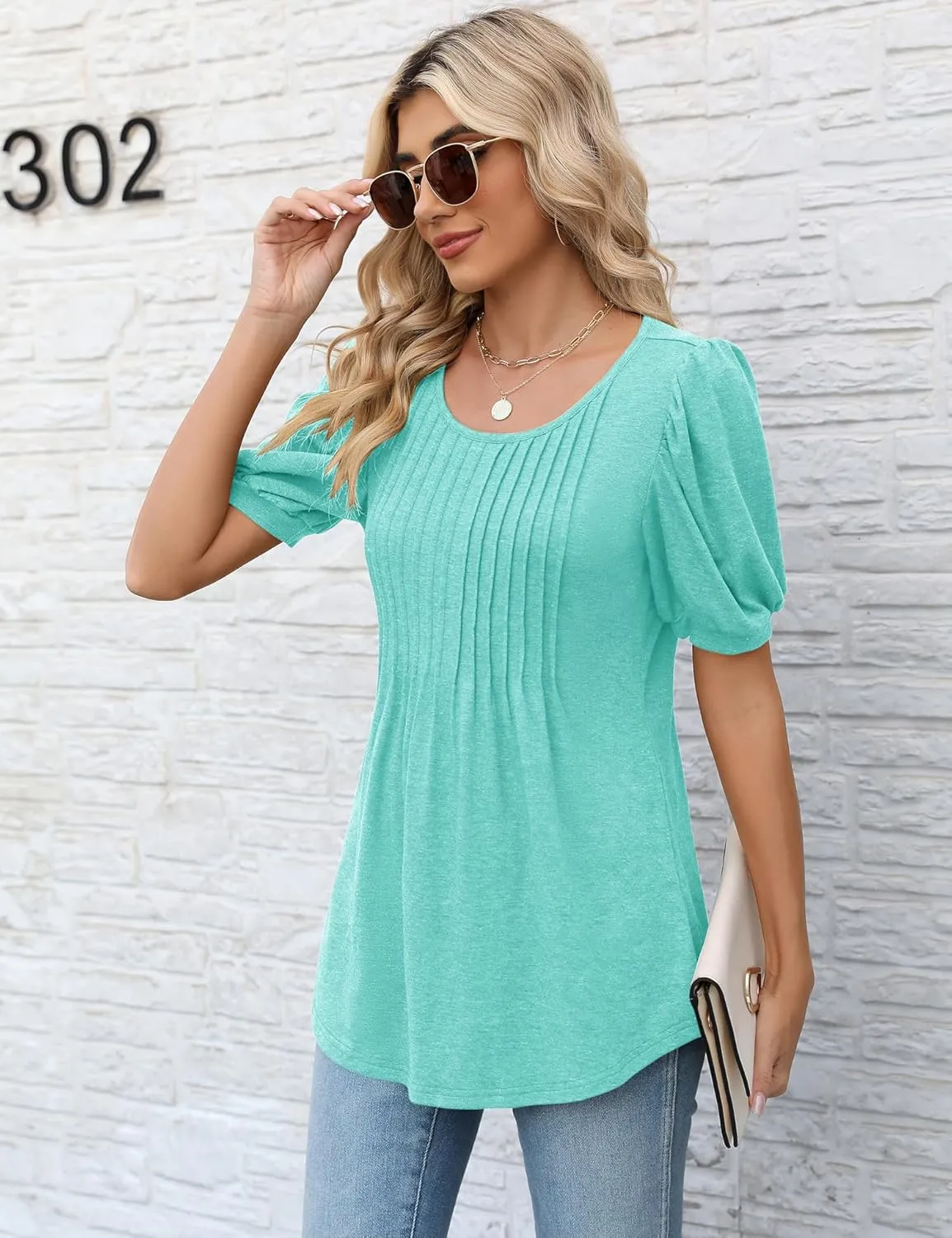 LOMON Women's Fall Puff Long/Short Sleeve Tunic Tops Pleated Crew Neck Shirts Blouses Casual Loose T-Shirts
