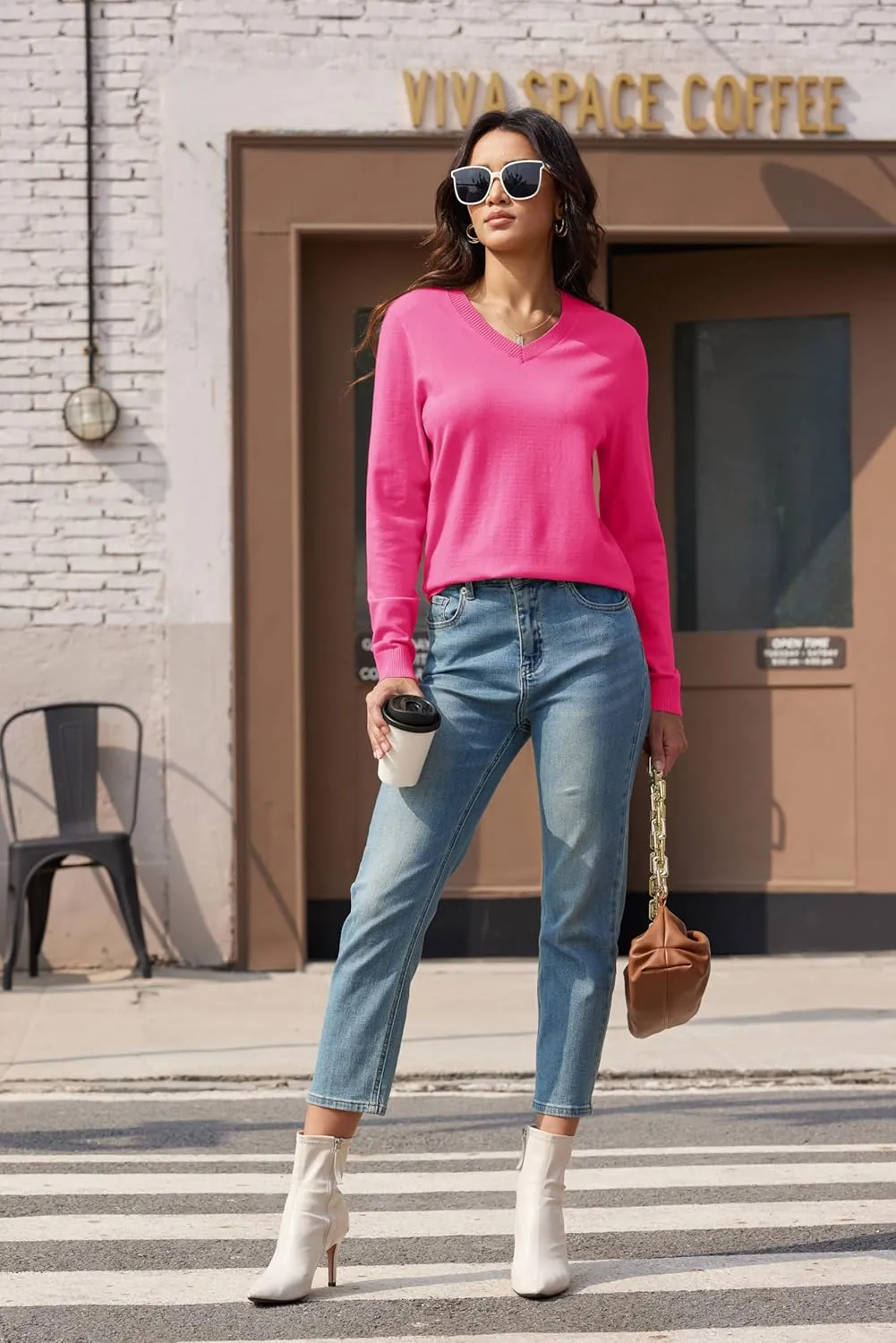 MAGCOMSEN Women's V Neck Sweater 2025 Spring Casual Long Sleeve Tops Knit Lightweight Pullover Sweaters Jumper