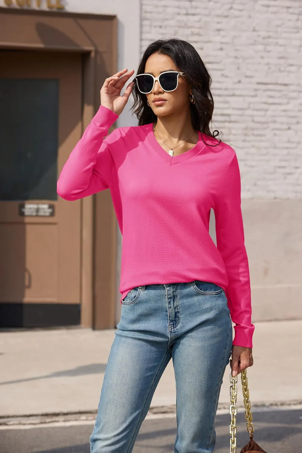 MAGCOMSEN Women's V Neck Sweater 2025 Spring Casual Long Sleeve Tops Knit Lightweight Pullover Sweaters Jumper