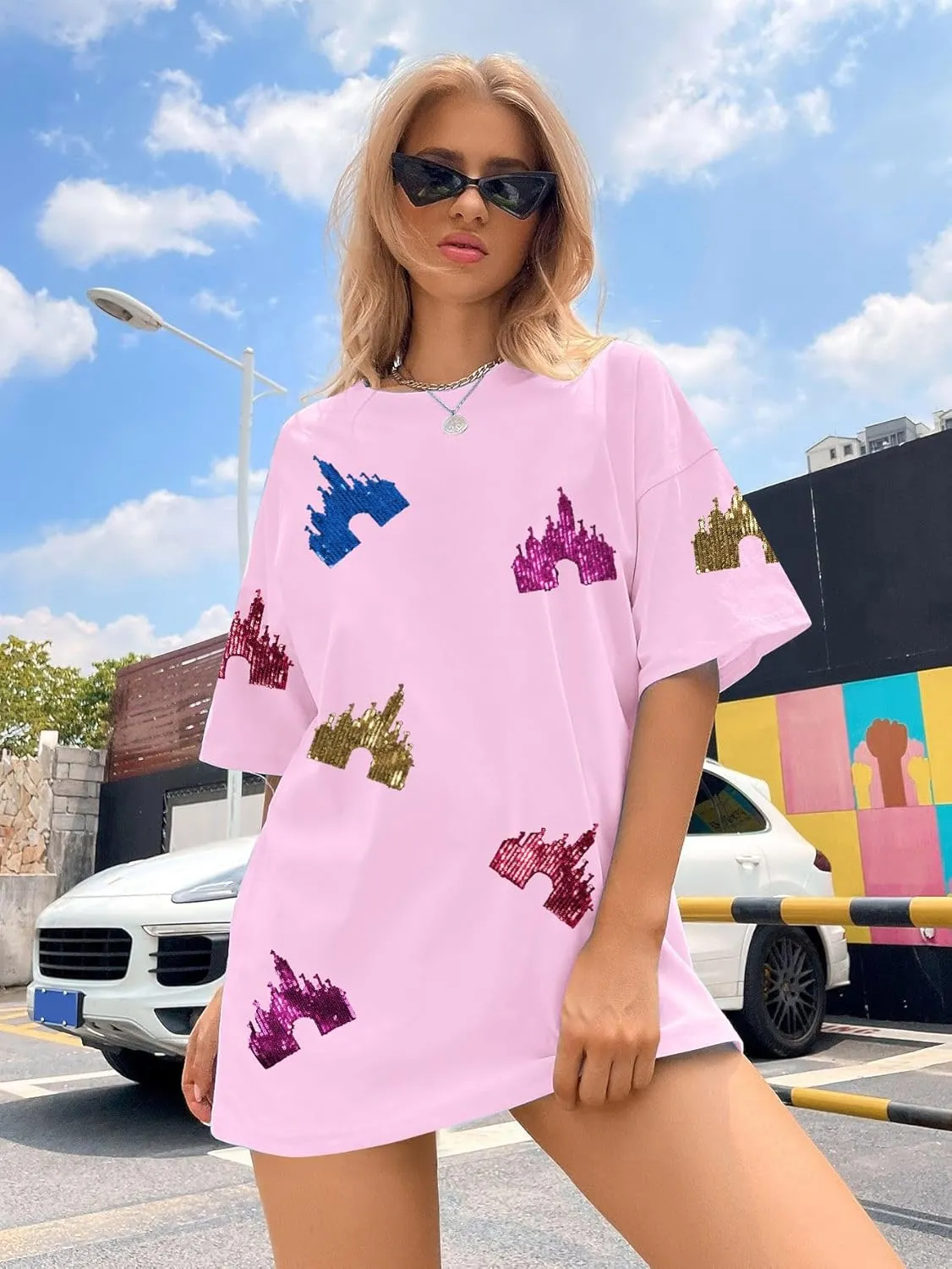Magic Kingdom Shirts for Women Sequin Top Colorful Castle Graphic Tshirt Holiday Vacation Shirt Funny Cute Tee Tops