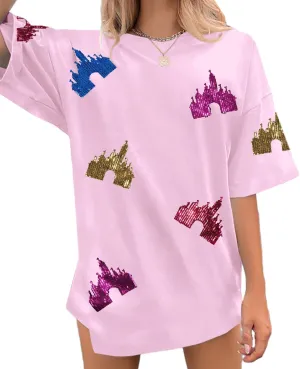 Magic Kingdom Shirts for Women Sequin Top Colorful Castle Graphic Tshirt Holiday Vacation Shirt Funny Cute Tee Tops