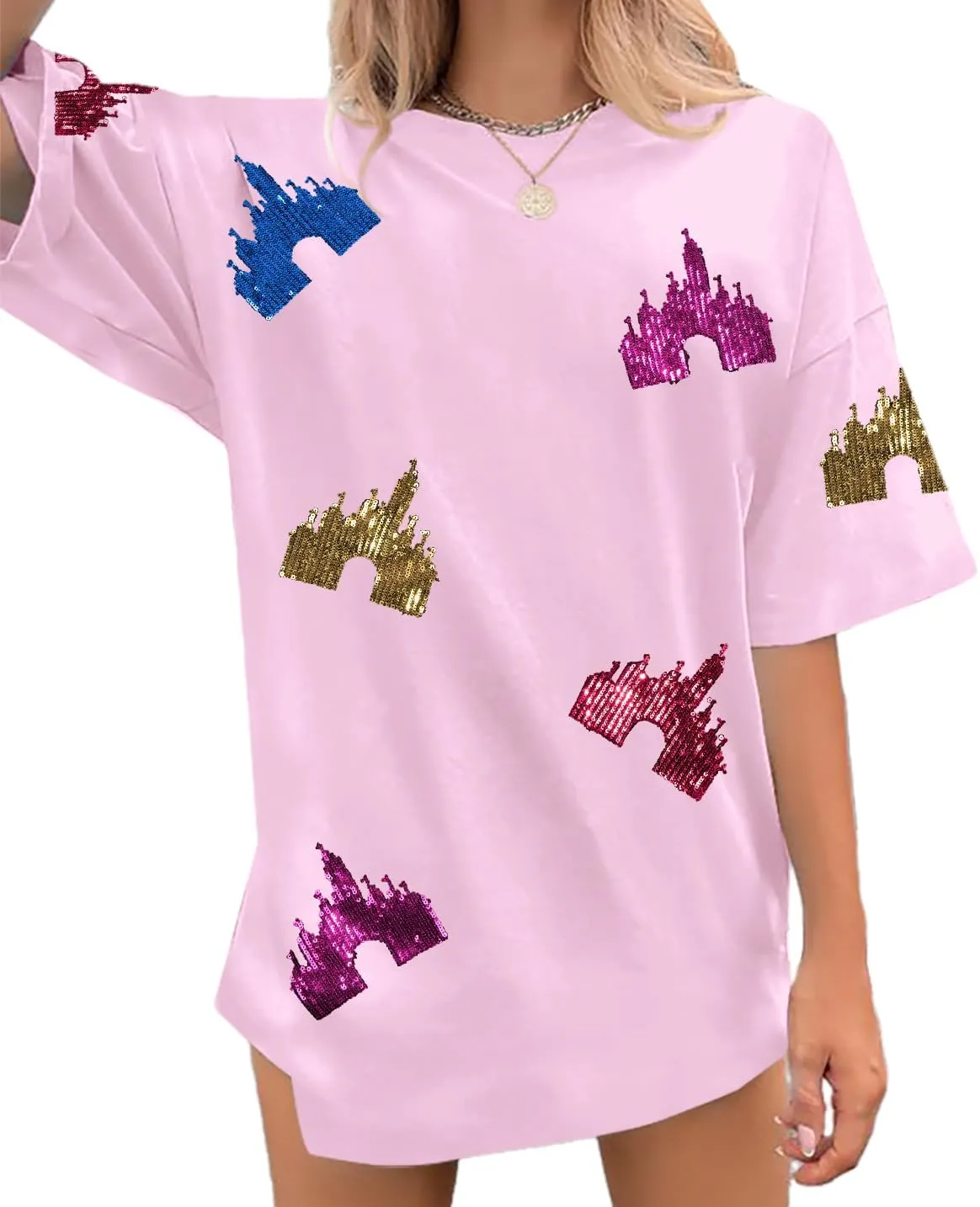 Magic Kingdom Shirts for Women Sequin Top Colorful Castle Graphic Tshirt Holiday Vacation Shirt Funny Cute Tee Tops
