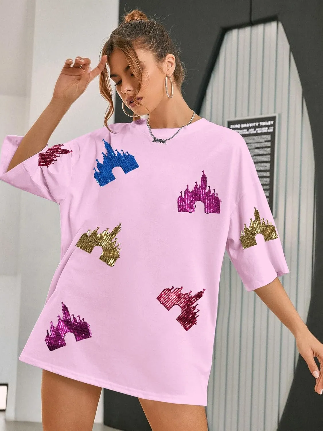 Magic Kingdom Shirts for Women Sequin Top Colorful Castle Graphic Tshirt Holiday Vacation Shirt Funny Cute Tee Tops