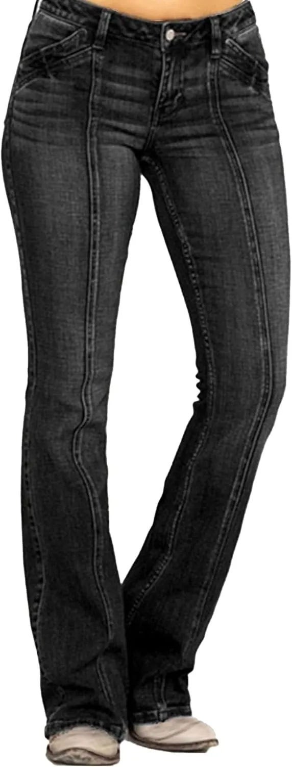 Maiyifu-GJ Western Jeans for Women Flare Mid Waist Bell Stretch Slim Denim Pants Length Stretchy Denim Trousers (Black2,Small)