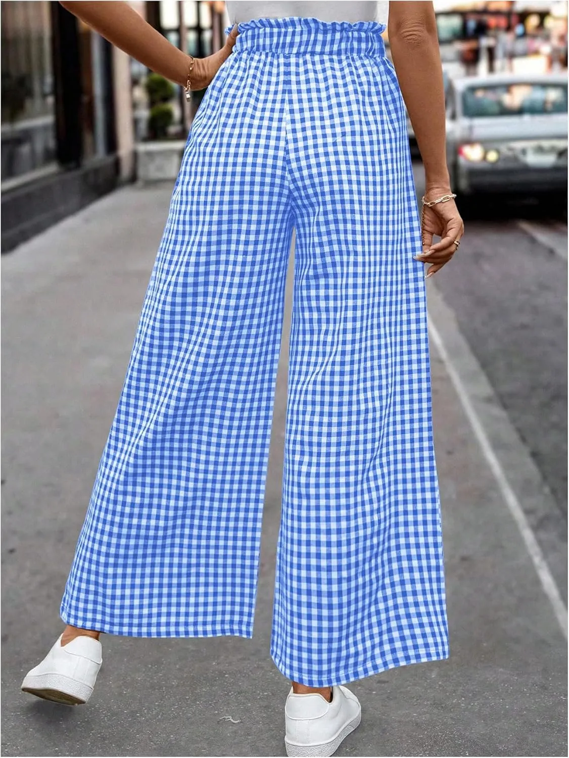 MakeMeChic Women's Gingham Palazzo Long Pants Elastic Waist Wide Leg Frill Trim Straight Loose Trousers