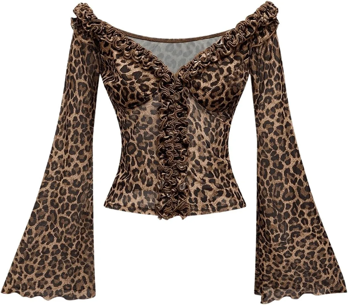 MakeMeChic Women's Leopard Print Tops V Neck Mesh Bell Sleeve Tee Shirt Ruffled Lettuce Trim Y2K Crop Tops