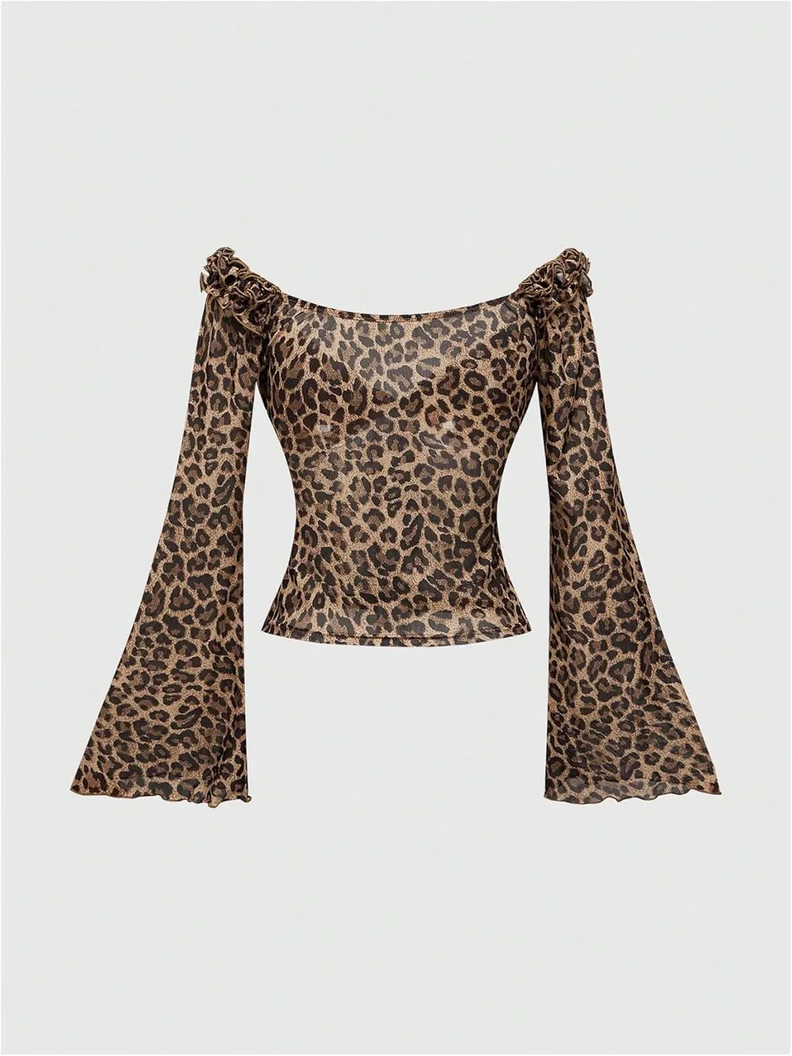 MakeMeChic Women's Leopard Print Tops V Neck Mesh Bell Sleeve Tee Shirt Ruffled Lettuce Trim Y2K Crop Tops
