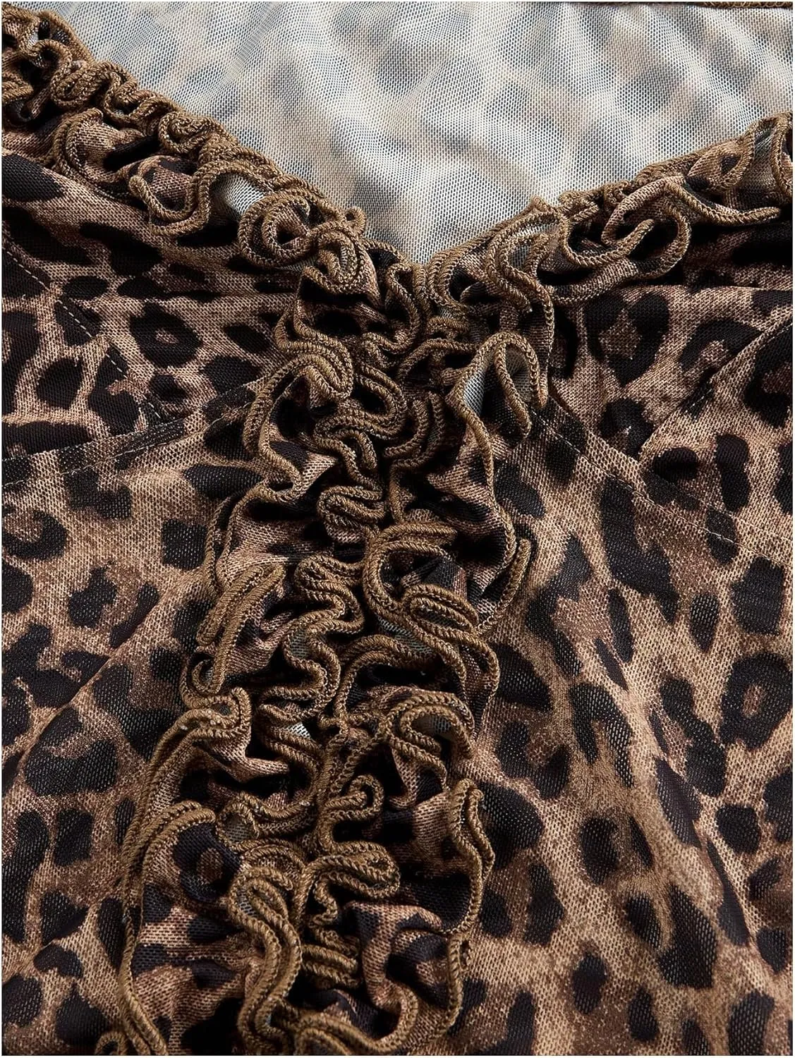 MakeMeChic Women's Leopard Print Tops V Neck Mesh Bell Sleeve Tee Shirt Ruffled Lettuce Trim Y2K Crop Tops