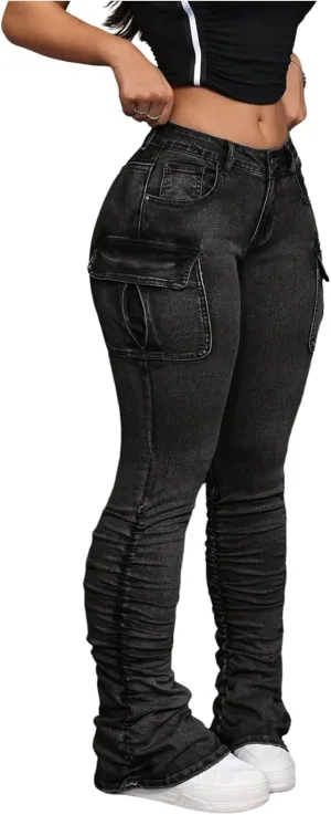 MakeMeChic Women's Vintage Denim Pants Ruched Skinny Y2K Cargo Jeans with Pockets