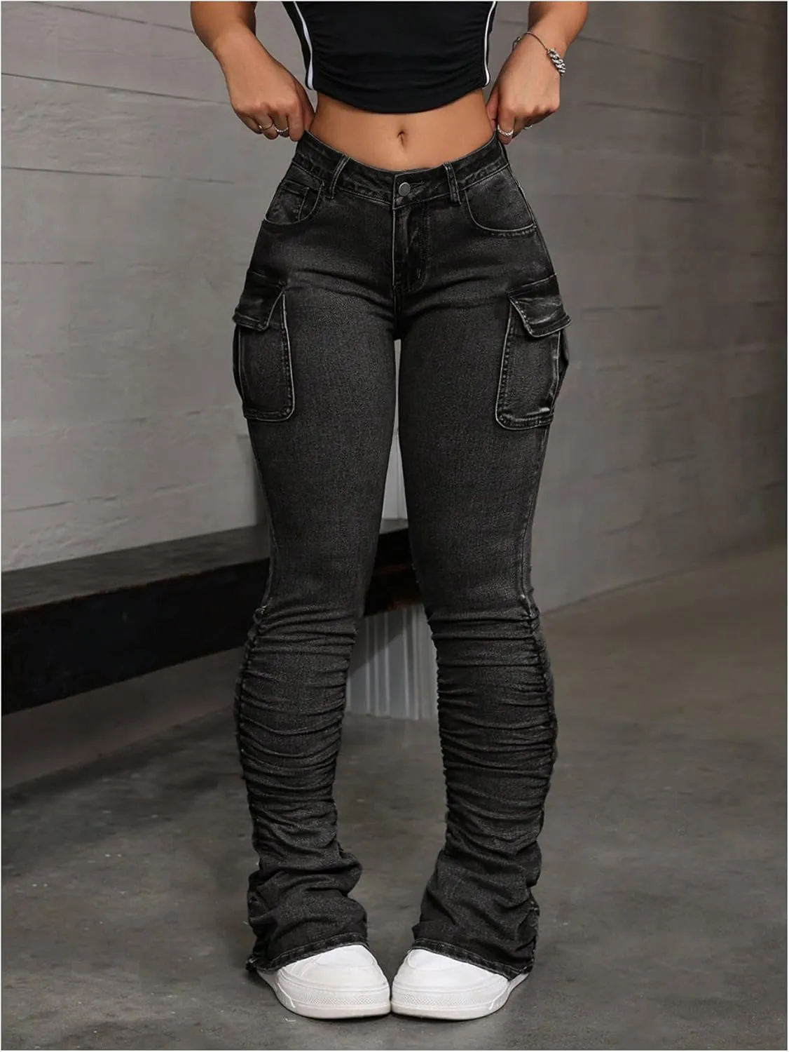 MakeMeChic Women's Vintage Denim Pants Ruched Skinny Y2K Cargo Jeans with Pockets
