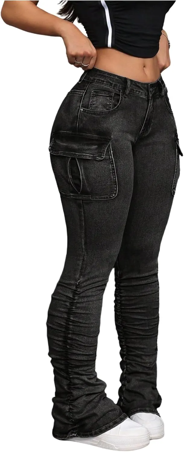 MakeMeChic Women's Vintage Denim Pants Ruched Skinny Y2K Cargo Jeans with Pockets