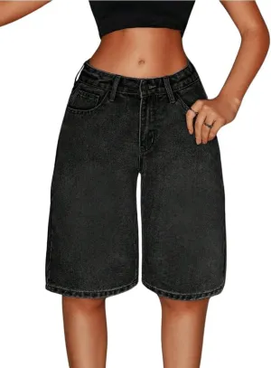 MakeMeChic Women's Y2k Straight Leg Denim Shorts High Waisted Zip Up Knee Length Vintage Casual Jean Shorts