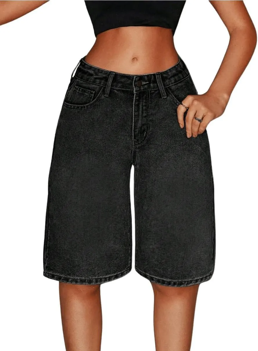 MakeMeChic Women's Y2k Straight Leg Denim Shorts High Waisted Zip Up Knee Length Vintage Casual Jean Shorts