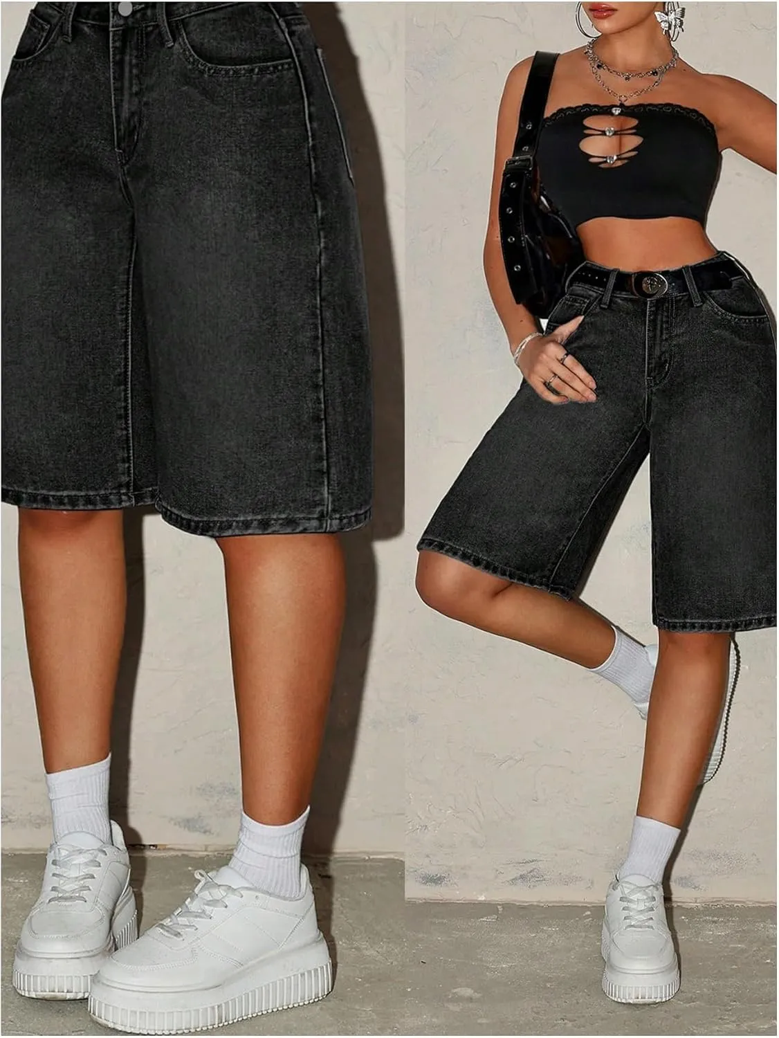 MakeMeChic Women's Y2k Straight Leg Denim Shorts High Waisted Zip Up Knee Length Vintage Casual Jean Shorts