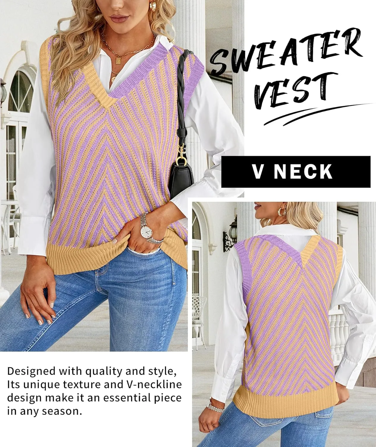 MARZXIN Women Sleeveless Sweater V Neck Casual 2025 Knitted Chevron V Neck Sweater Vest Color Block Pullover Sweater Top