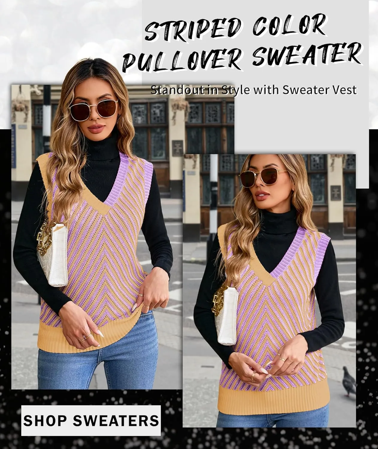 MARZXIN Women Sleeveless Sweater V Neck Casual 2025 Knitted Chevron V Neck Sweater Vest Color Block Pullover Sweater Top