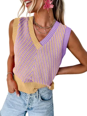 MARZXIN Women Sleeveless Sweater V Neck Casual 2025 Knitted Chevron V Neck Sweater Vest Color Block Pullover Sweater Top