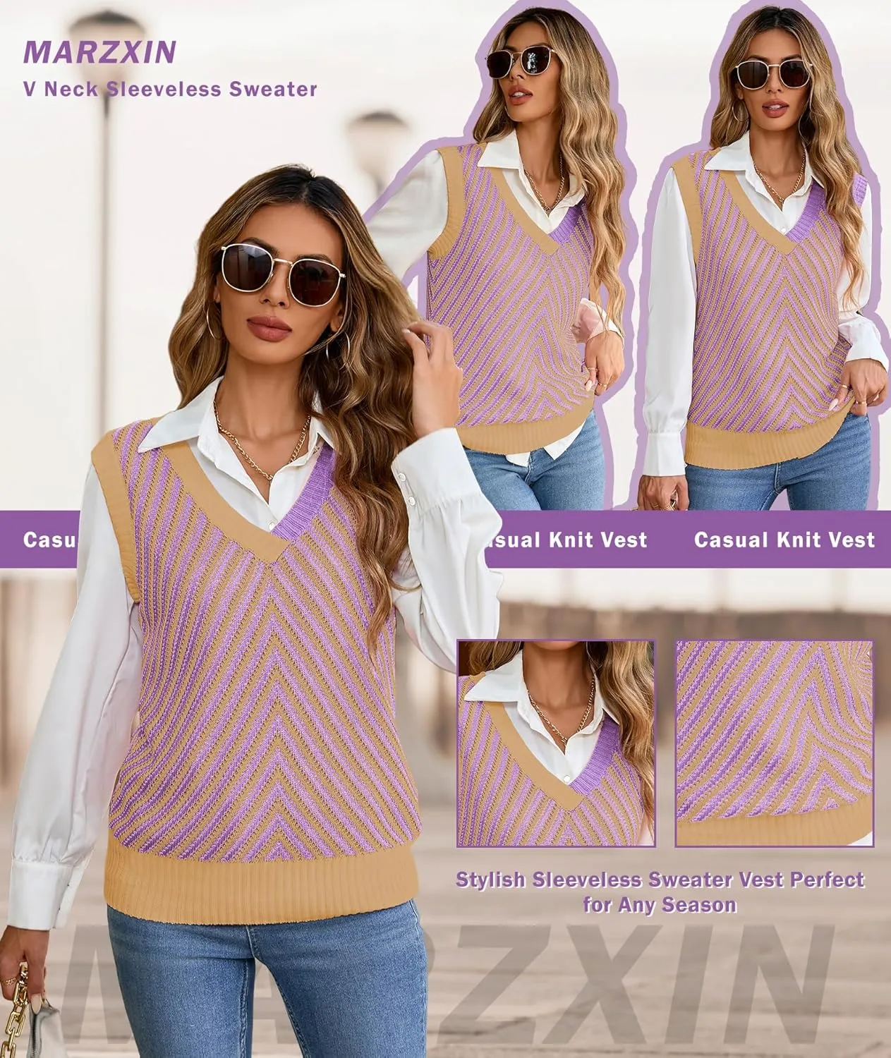 MARZXIN Women Sleeveless Sweater V Neck Casual 2025 Knitted Chevron V Neck Sweater Vest Color Block Pullover Sweater Top