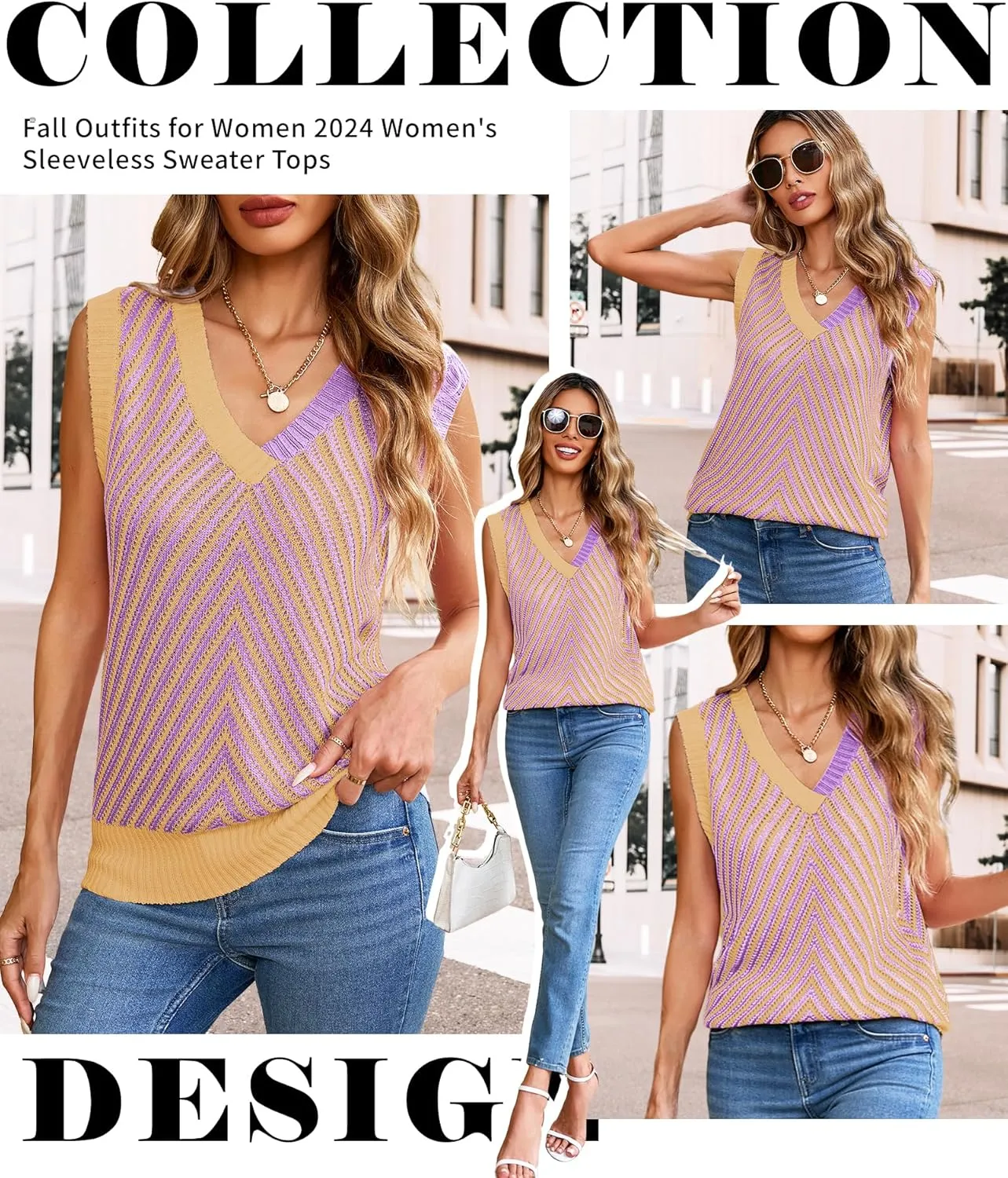 MARZXIN Women Sleeveless Sweater V Neck Casual 2025 Knitted Chevron V Neck Sweater Vest Color Block Pullover Sweater Top