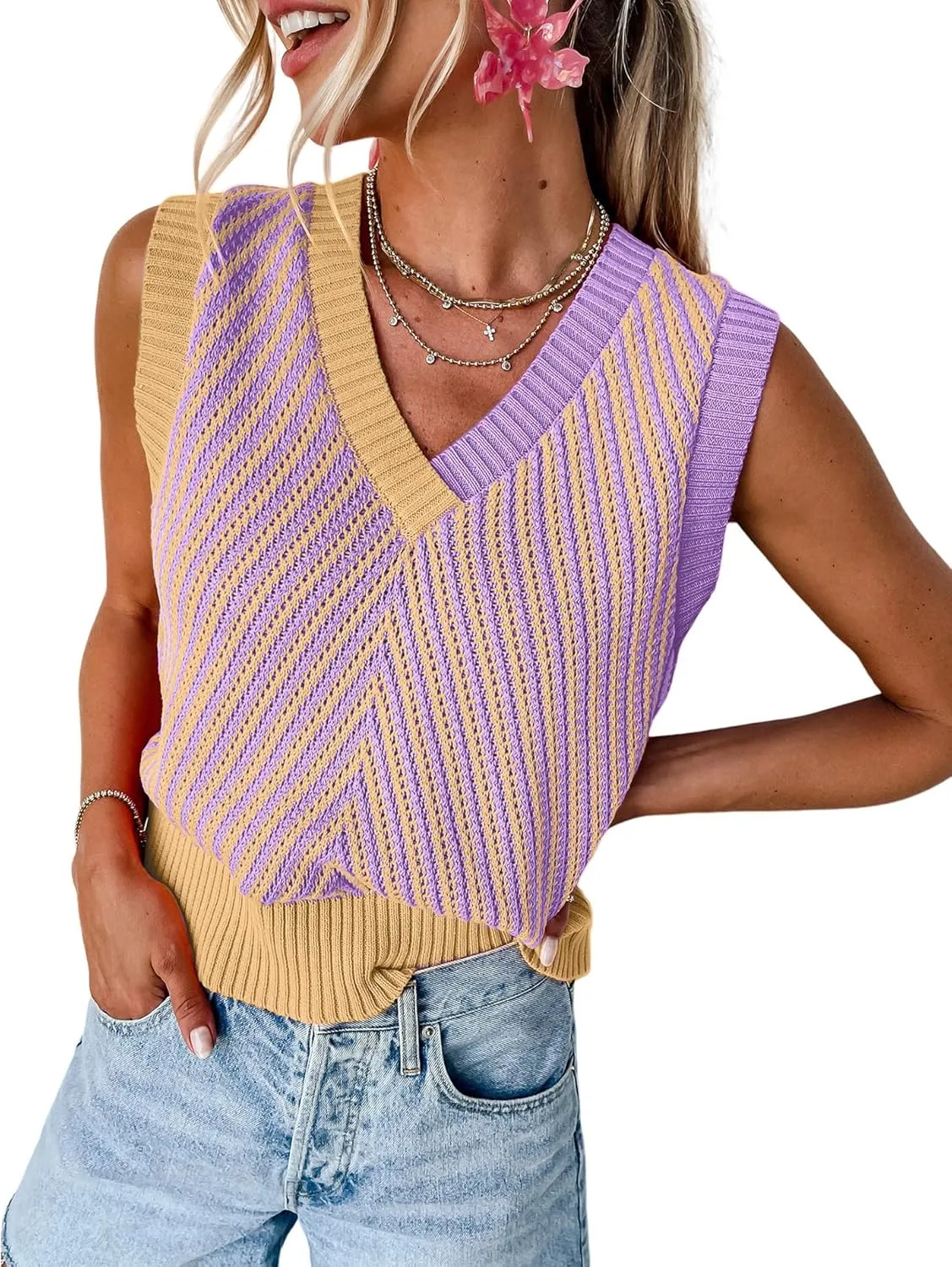 MARZXIN Women Sleeveless Sweater V Neck Casual 2025 Knitted Chevron V Neck Sweater Vest Color Block Pullover Sweater Top