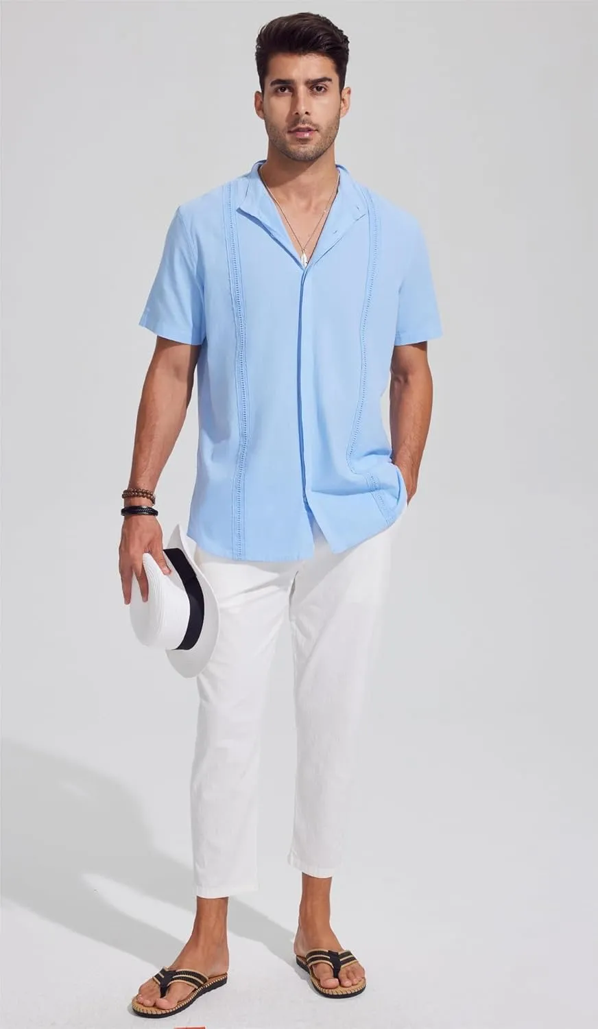 Mens Casual Linen Button Down Short Sleeve Shirts Beach Summer Spread Collar Pocket Tops