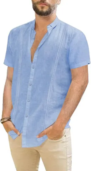 Mens Casual Linen Button Down Short Sleeve Shirts Beach Summer Spread Collar Pocket Tops