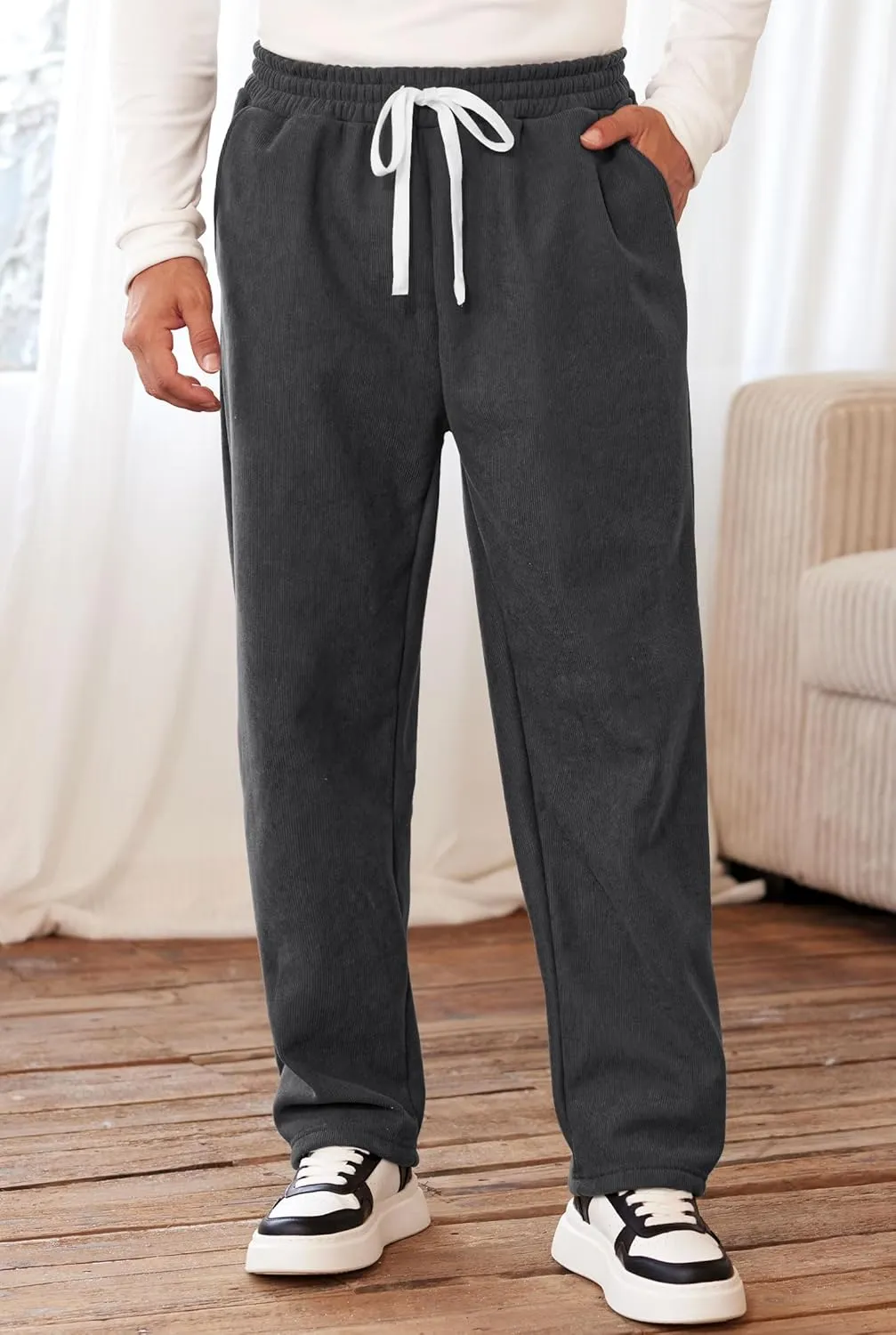 Men's Corduroy Sweatpants Casual Sherpa Lined Drawstring Warm Pant with Pockets (S-2XL)