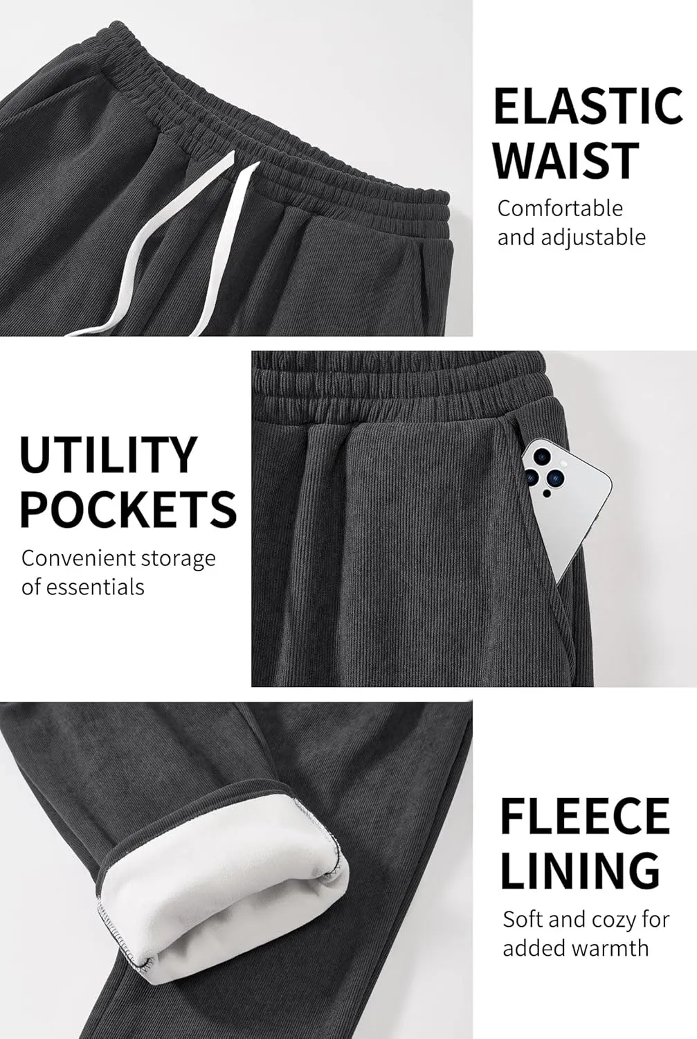 Men's Corduroy Sweatpants Casual Sherpa Lined Drawstring Warm Pant with Pockets (S-2XL)
