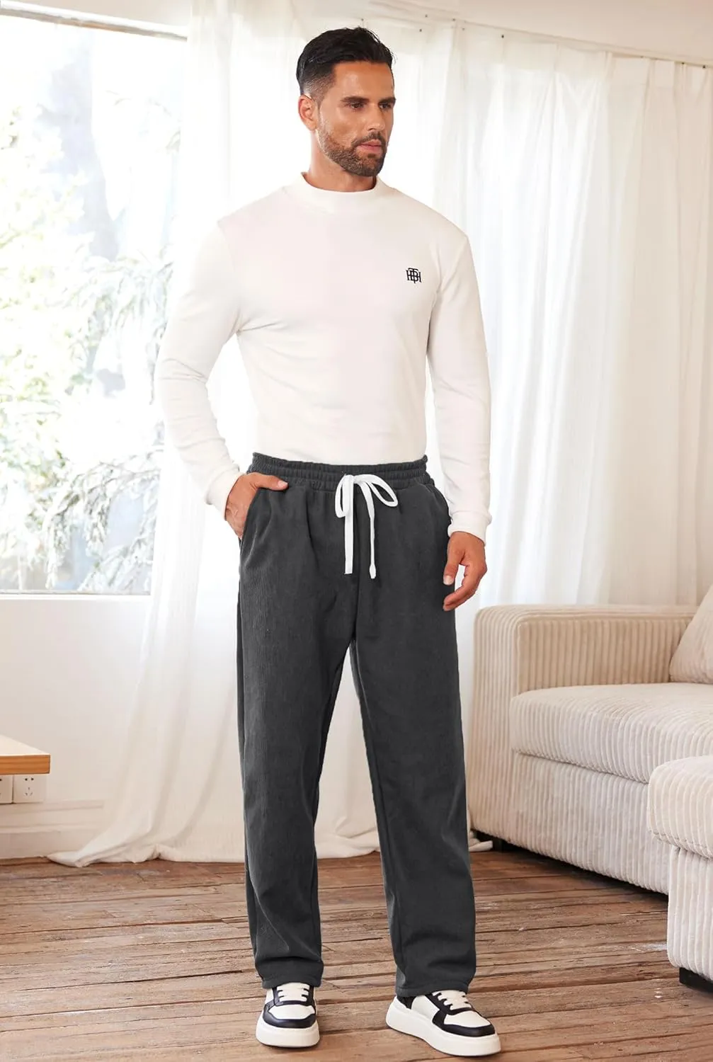 Men's Corduroy Sweatpants Casual Sherpa Lined Drawstring Warm Pant with Pockets (S-2XL)