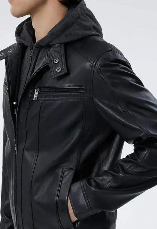 Mens Genuine Lambskin Zip Up Black Bomber Hooded Motorcycle Leather Jacket with Removable Hood