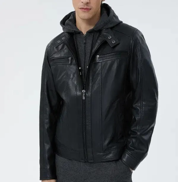 Mens Genuine Lambskin Zip Up Black Bomber Hooded Motorcycle Leather Jacket with Removable Hood