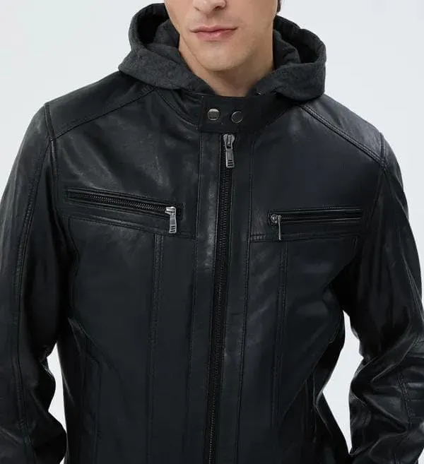 Mens Genuine Lambskin Zip Up Black Bomber Hooded Motorcycle Leather Jacket with Removable Hood