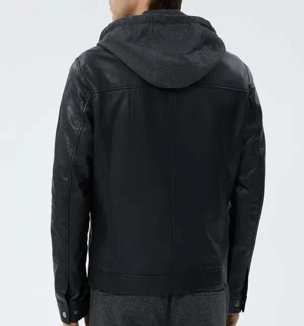 Mens Genuine Lambskin Zip Up Black Bomber Hooded Motorcycle Leather Jacket with Removable Hood