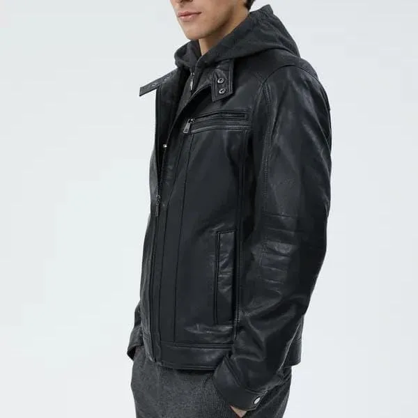 Mens Genuine Lambskin Zip Up Black Bomber Hooded Motorcycle Leather Jacket with Removable Hood