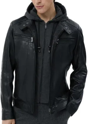 Mens Genuine Lambskin Zip Up Black Bomber Hooded Motorcycle Leather Jacket with Removable Hood